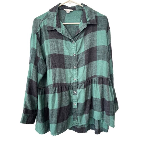 American Eagle Shirt Size Medium Button Up Long Sleeve Peplum Green Black Preppy - Picture 3 of 8